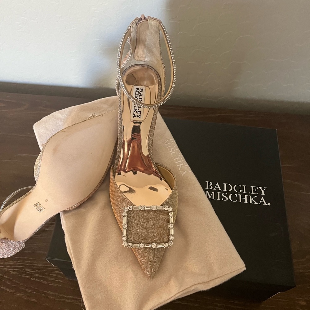 Badgley Mischka Gold Heels with Rhinestone Buckle